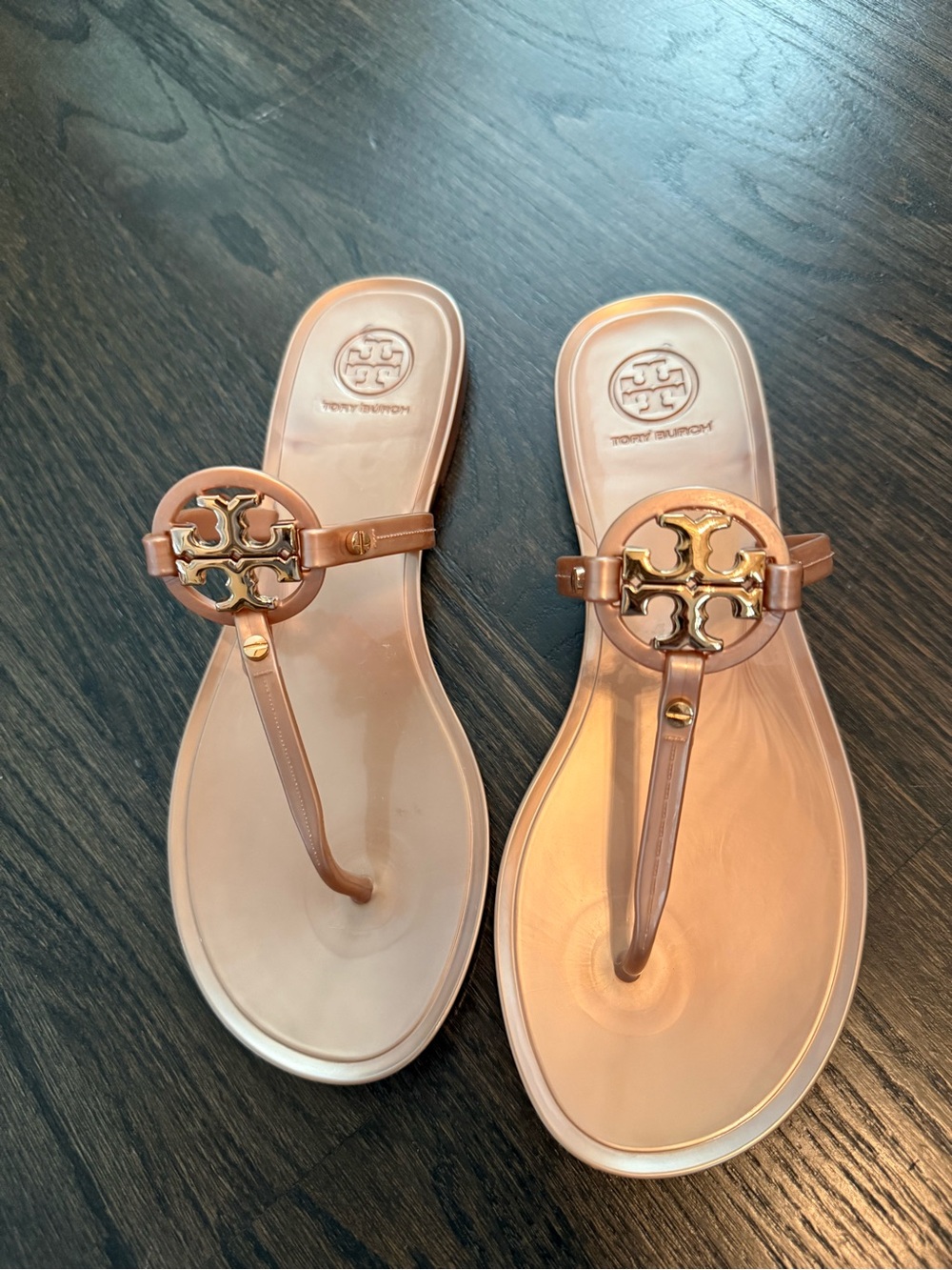 Tory Burch Metallic Rose Gold Logo Jelly Thong Sandals